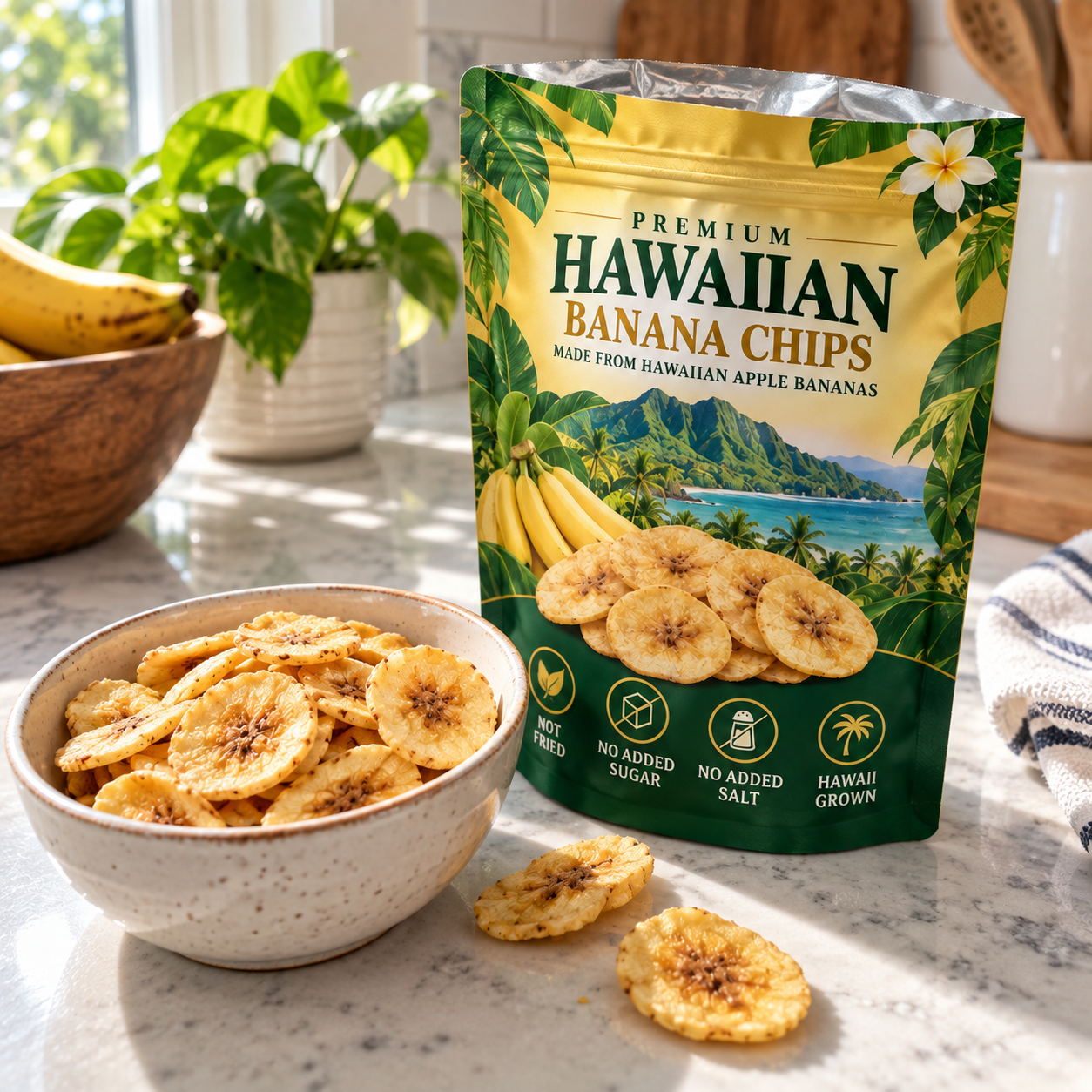 Hawaiian banana chips outdoors