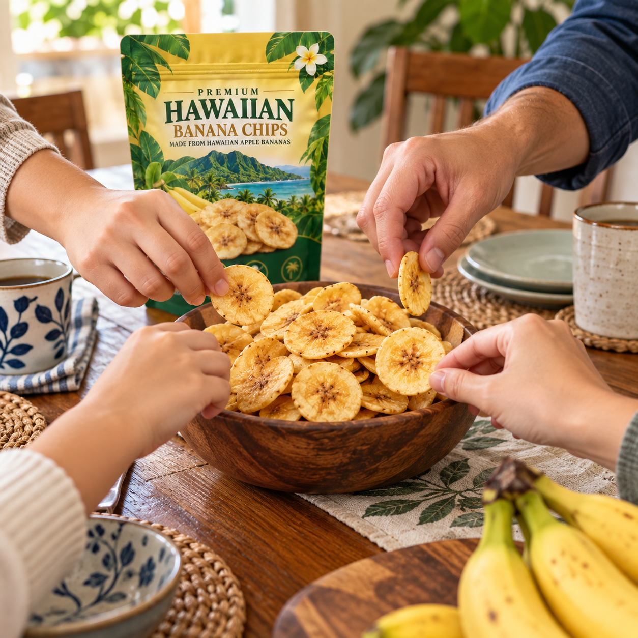 Hawaiian banana chips at a desk snack break