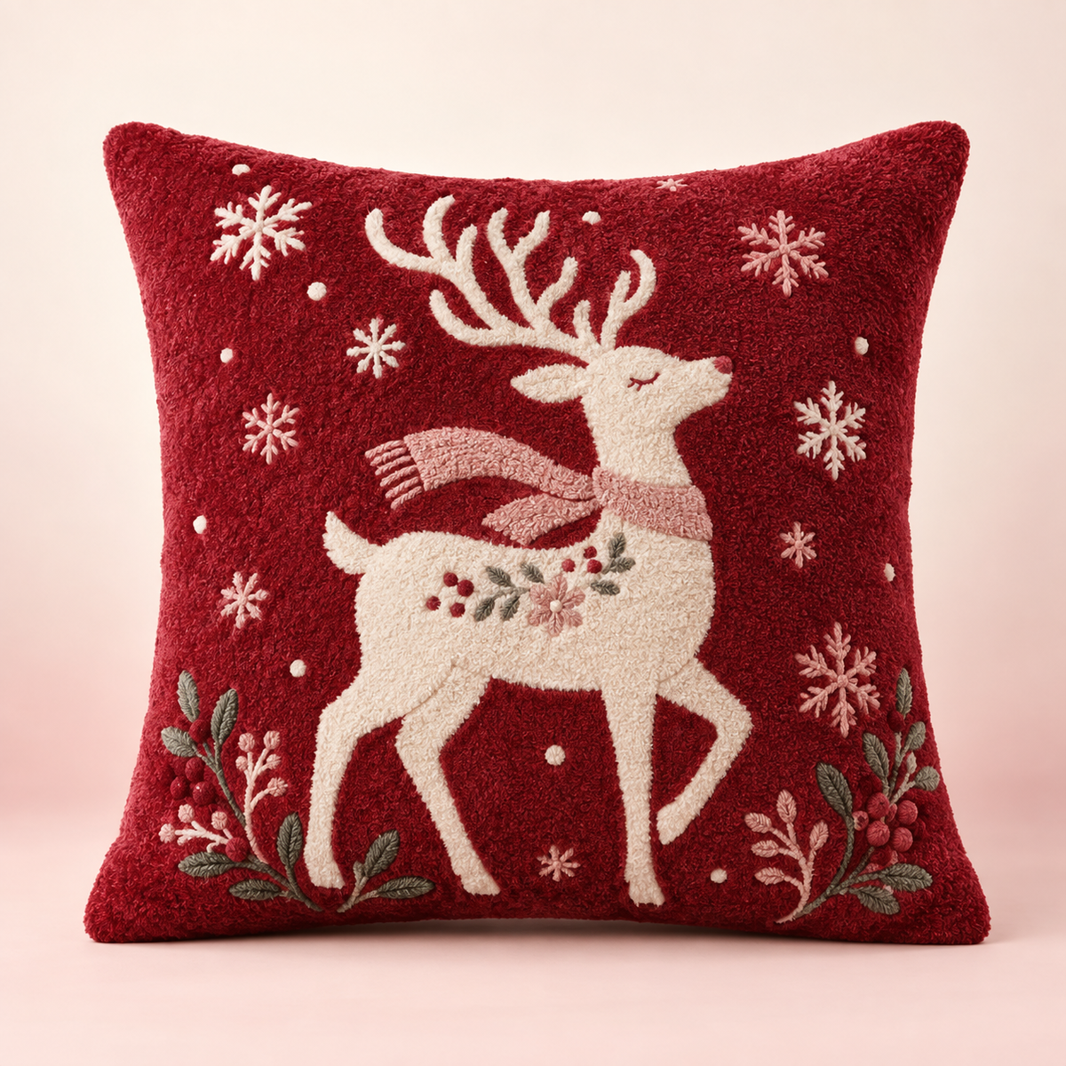 Cranberry red Christmas reindeer pillow cover with ivory reindeer and snowflake details