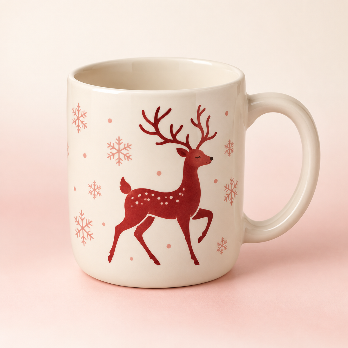 Festive reindeer Christmas mug in ivory with cranberry red and blush-pink details