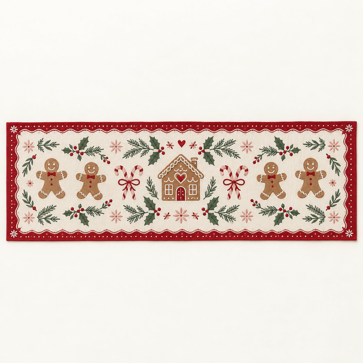 Gingerbread Christmas table runner in cream, cranberry red, brown and green
