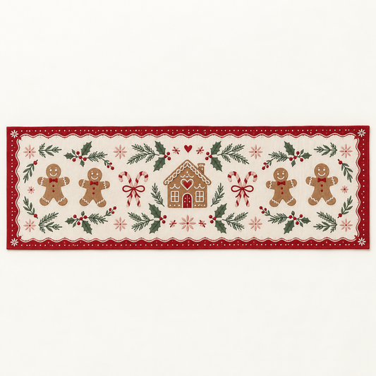 Gingerbread Christmas table runner in cream, cranberry red, brown and green