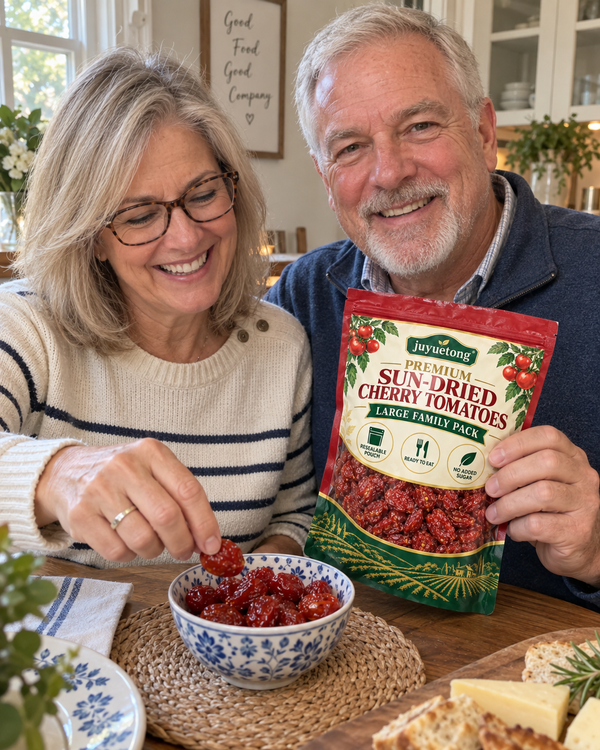 Couple sharing Juyuetong sun-dried cherry tomatoes