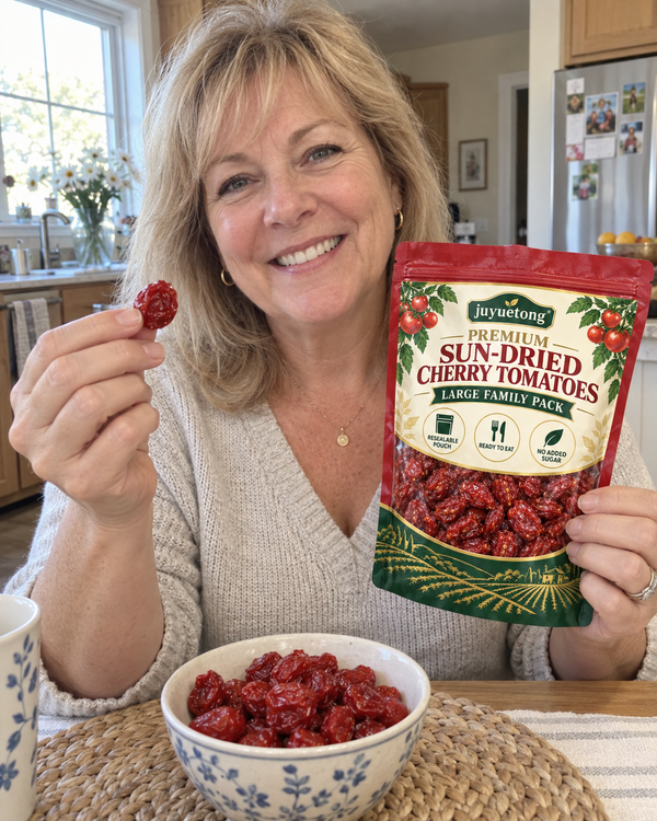 Customer holding Juyuetong sun-dried cherry tomatoes
