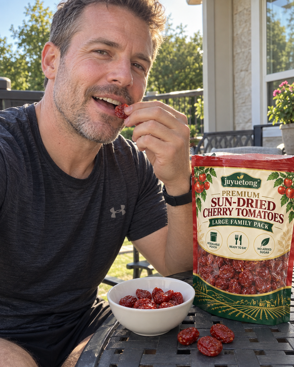Customer enjoying Juyuetong sun-dried cherry tomatoes outdoors